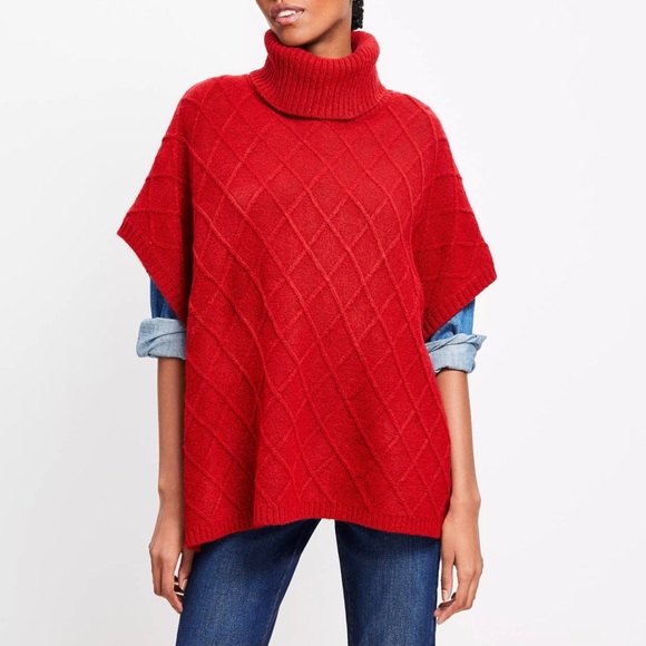 Loft Lattice Cable Turtleneck Poncho Sweater Women’s M/L Red NEW Holiday Winter - Picture 1 of 13